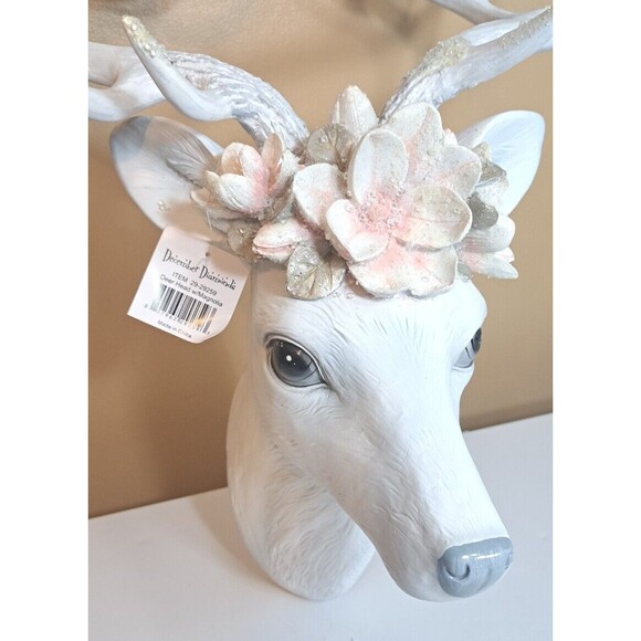 December Diamonds White Deer Head Mount w/ Magnolia Decor Christmas Holiday - Picture 6 of 10
